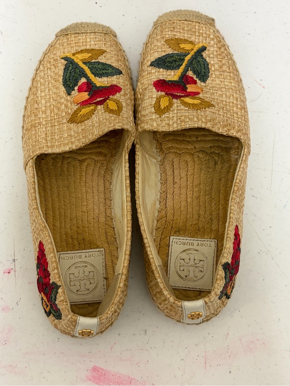 Tory Burch 6 M Raffia Floral Fruit Basket Flat Espadrilles Shoes Natural